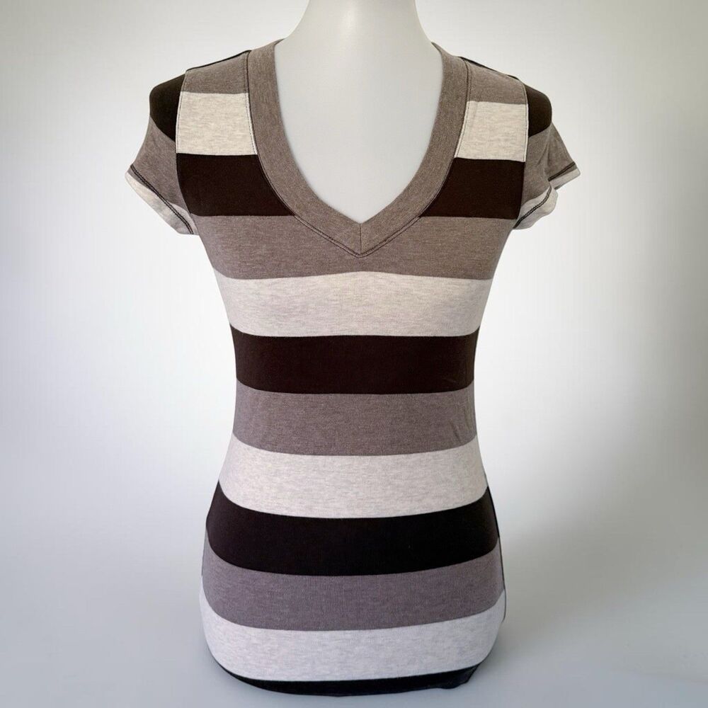 Y2K Gap Striped Deep V-Neck Fitted Top Tee Cotton Preppy Bella Elena Sz M Med